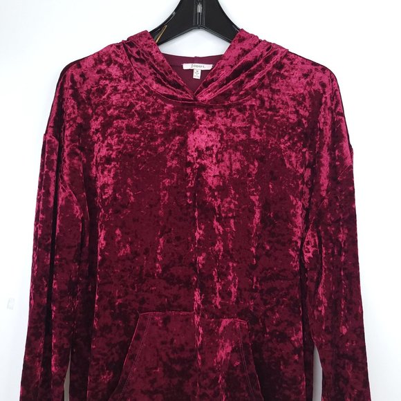 Jodifl Burgundy Velvet Hooded Pullover Top Sz M Stretchy Pocket Long Sleeve Boho - Picture 4 of 12